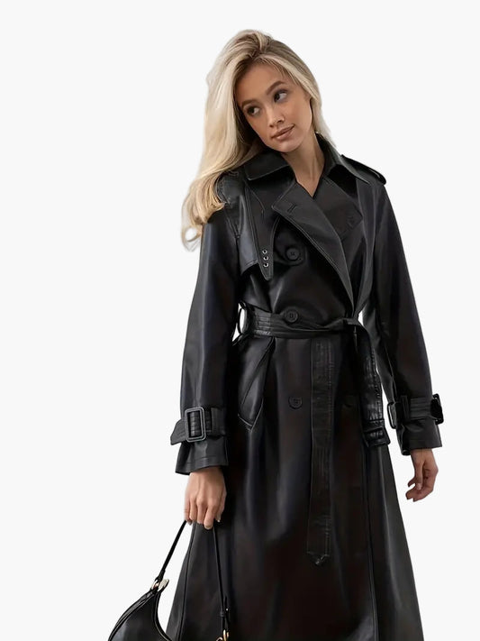 Trench-coat long pour femme - Style élégant à double boutonnage avec ceinture à la taille - Idéal pour l'automne et l'hiver