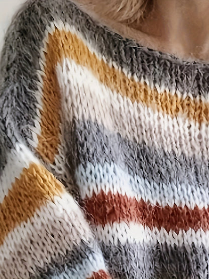 Pull d'hiver décontracté à rayures pour femme, coupe ample, manches longues, style moderne