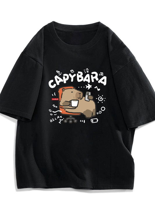T-shirt casual unisex stile kawaii con stampa capibara rilassante – Ideale per adolescenti e giovani adulti