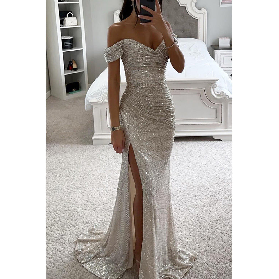 Ruby – Robe Off-Shoulder Pailletée avec Fente