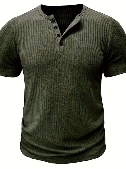 T-shirt casual a maniche corte da uomo stile Henley con bottoni a righe