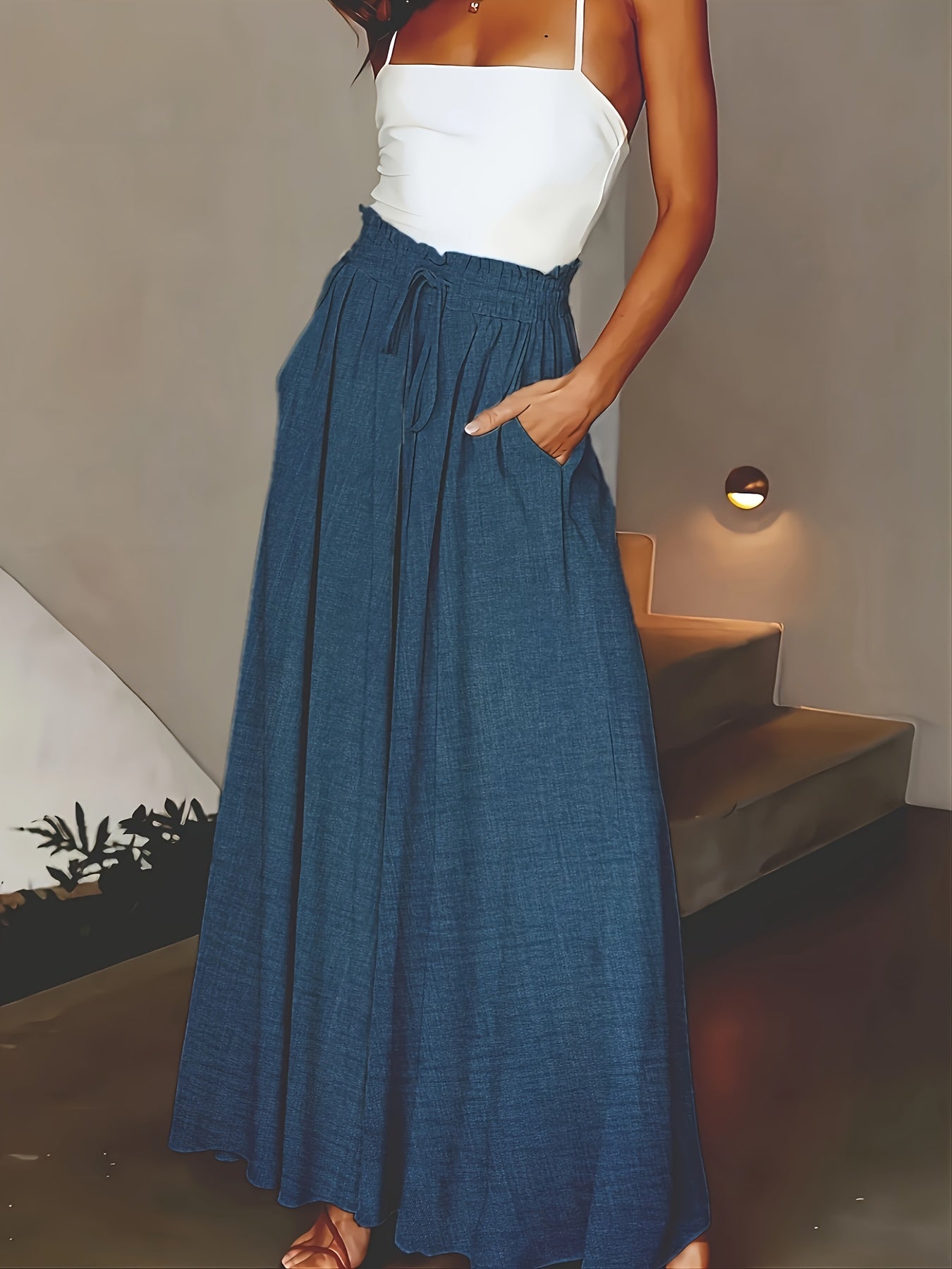 Jupe longue large taille haute avec poches pour femme – Style décontracté chic printemps/été