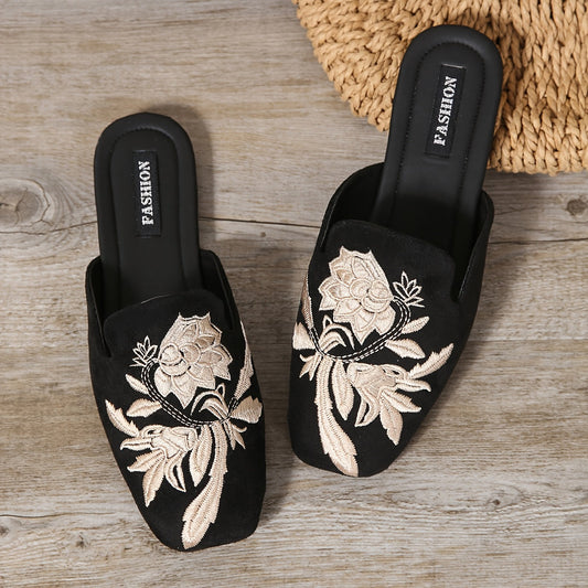 Eleganckie damskie mule z kwiatową haftowaną dekoracją w stylu casual chic