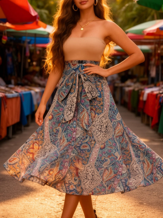 Falda larga mujer estilo bohemio chic estampado paisley – Elegante y fluida para primavera-verano