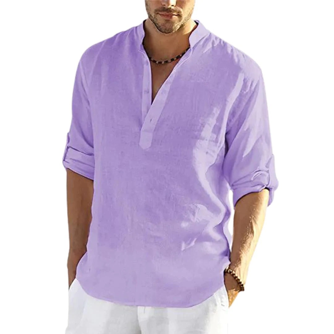 Chemise Henley en lin pour homme – Élégance décontractée, idéale bureau, loisirs et vacances