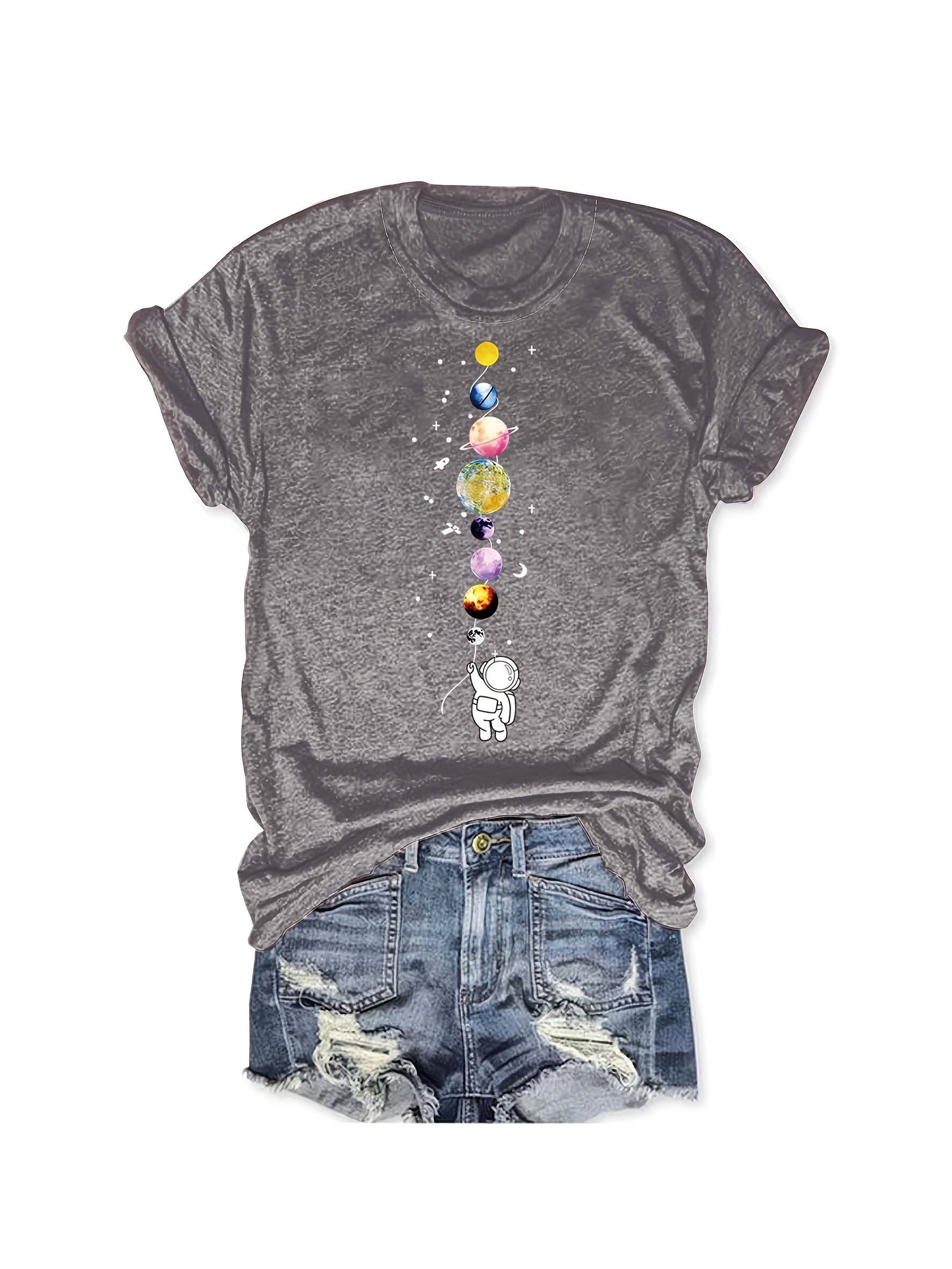 Women's casual style T-shirt with astronaut and planets design, space-inspired, ideal for science enthusiasts and urban fashion fans