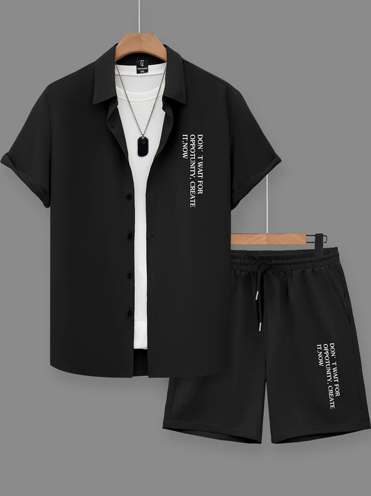 Men's casual summer set with button-up shirt and shorts, urban style with motivational quote