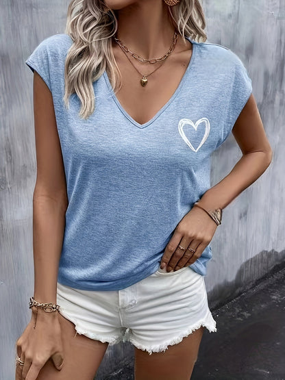 Dames T-shirt met V-hals en hartmotief, zomerse stijl