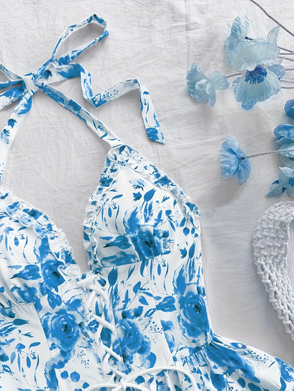 Women's summer dress in bohemian style with ruffles, halter neck, floral print, perfect for evenings and parties