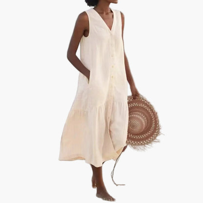 Casual Summer Dress for Women Sleeveless with Buttons, Beach and Holiday Style