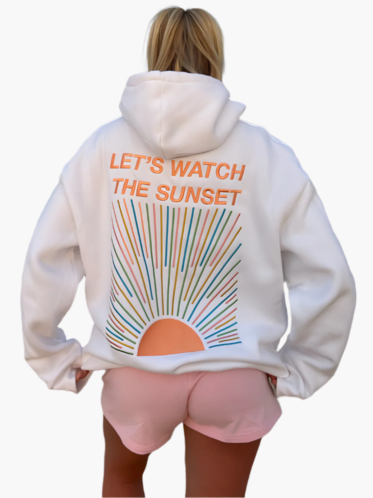 Sweat à Capuche Oversize Femme Style Décontracté Message 'Let's Watch the Sunset' Idéal pour Plage et Loisirs