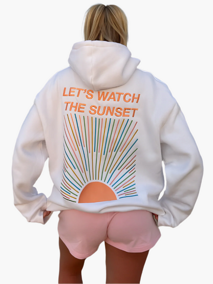 Sweat à Capuche Oversize Femme Style Décontracté Message 'Let's Watch the Sunset' Idéal pour Plage et Loisirs