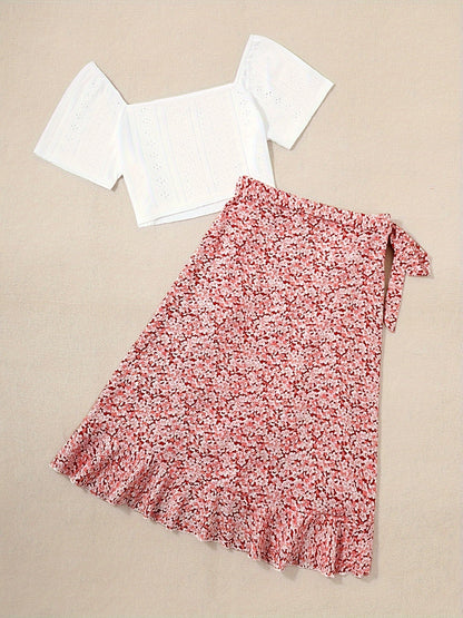 Damesensemble boho-chic stijl – Korte top met korte mouwen en bloemen wikkelrok