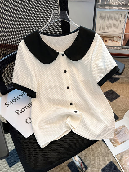 Chemisier élégant pour femme à col Claudine style rétro, manches courtes, idéal pour le bureau ou les sorties