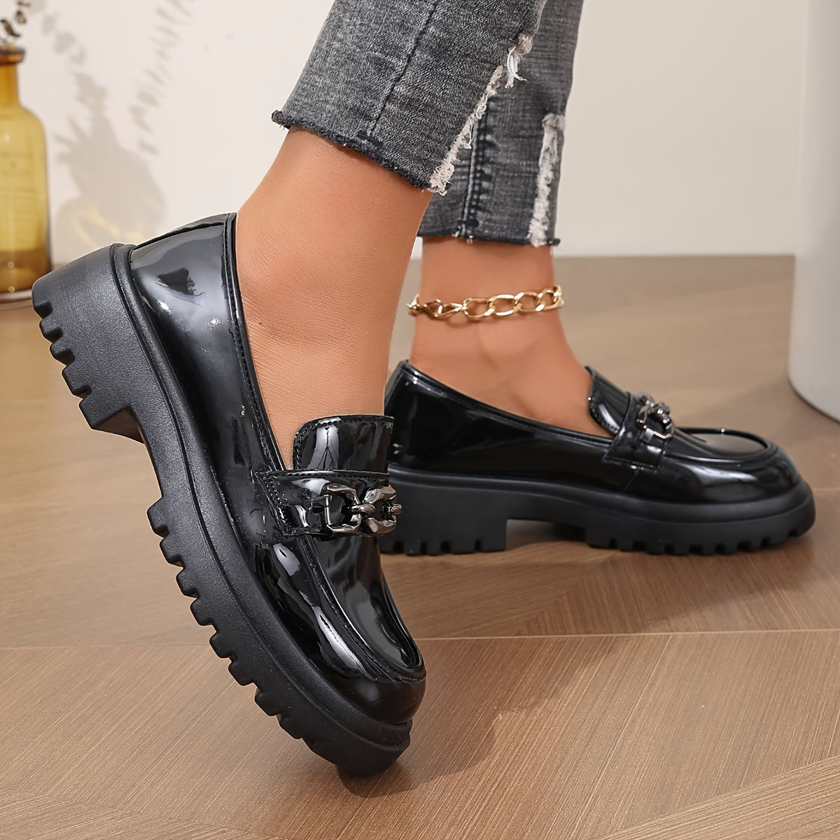 Mocassins élégants pour femme à chaîne dorée style preppy – Slip-on confort urbain