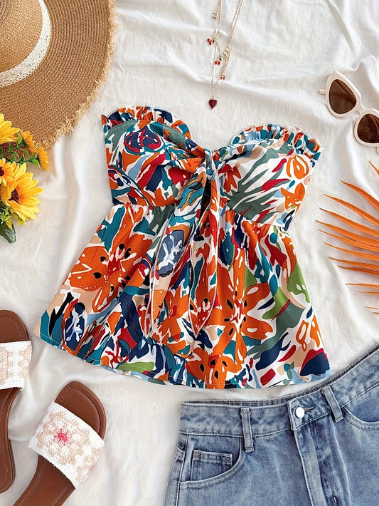 Top court sans bretelles noué femme style vacances à motif floral abstrait – idéal été et plage