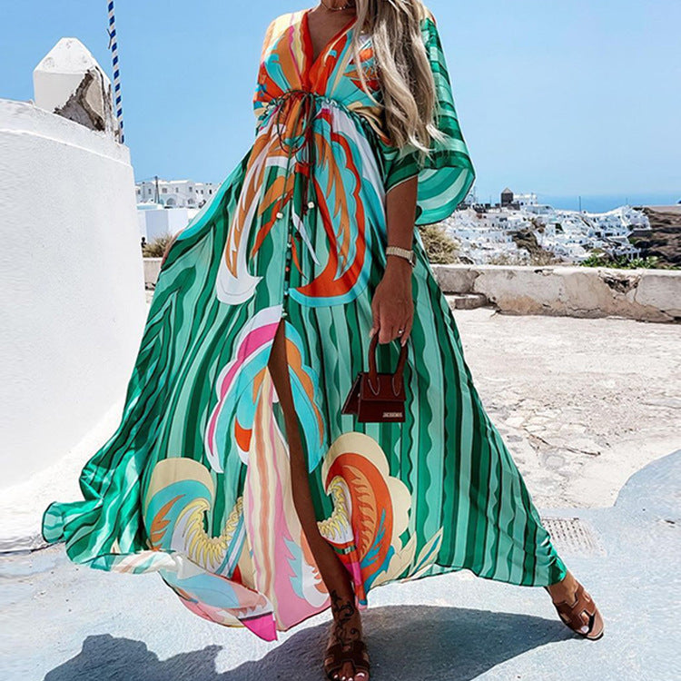 Joanne – Robe longue de plage à décolleté en V sexy et à fente irrégulière