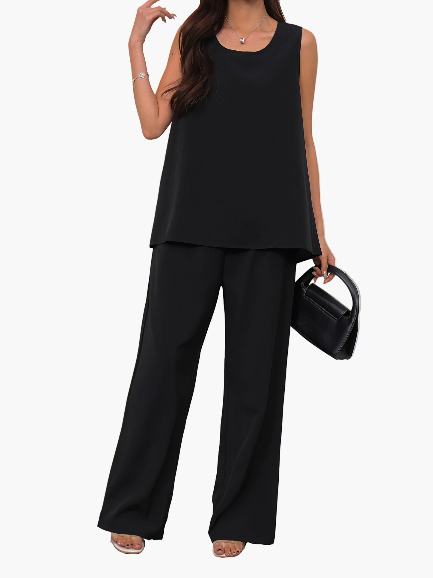 Women's Casual 2-Piece Set – Sleeveless Top and Wide-Leg Pants, Elegant Spring Summer Style