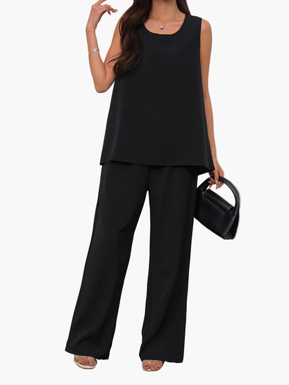 Women's Casual 2-Piece Set – Sleeveless Top and Wide-Leg Pants, Elegant Spring Summer Style