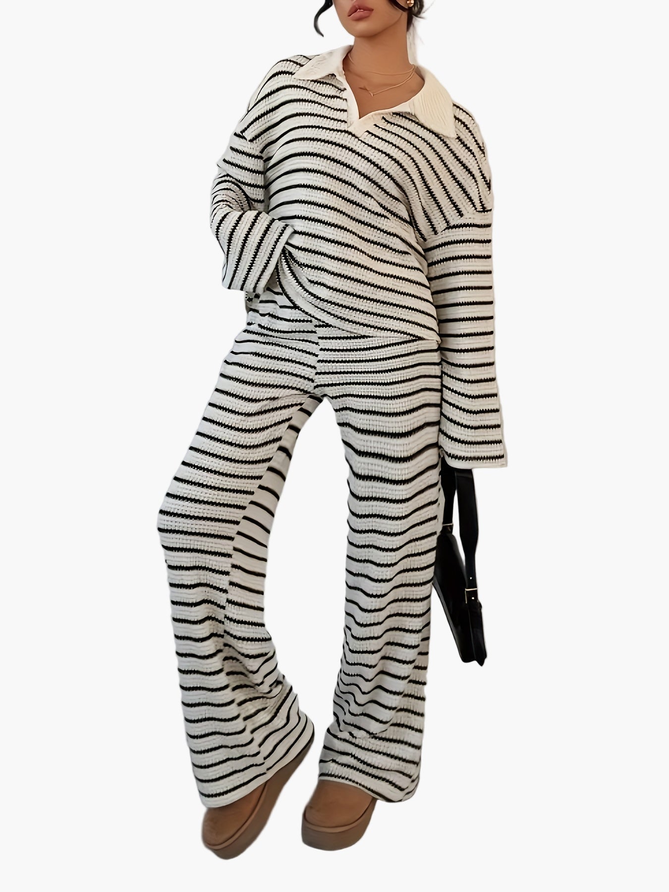 Ensemble Femme Élégant Pull Loose à Rayures et Pantalon Large Style Décontracté Automne-Hiver