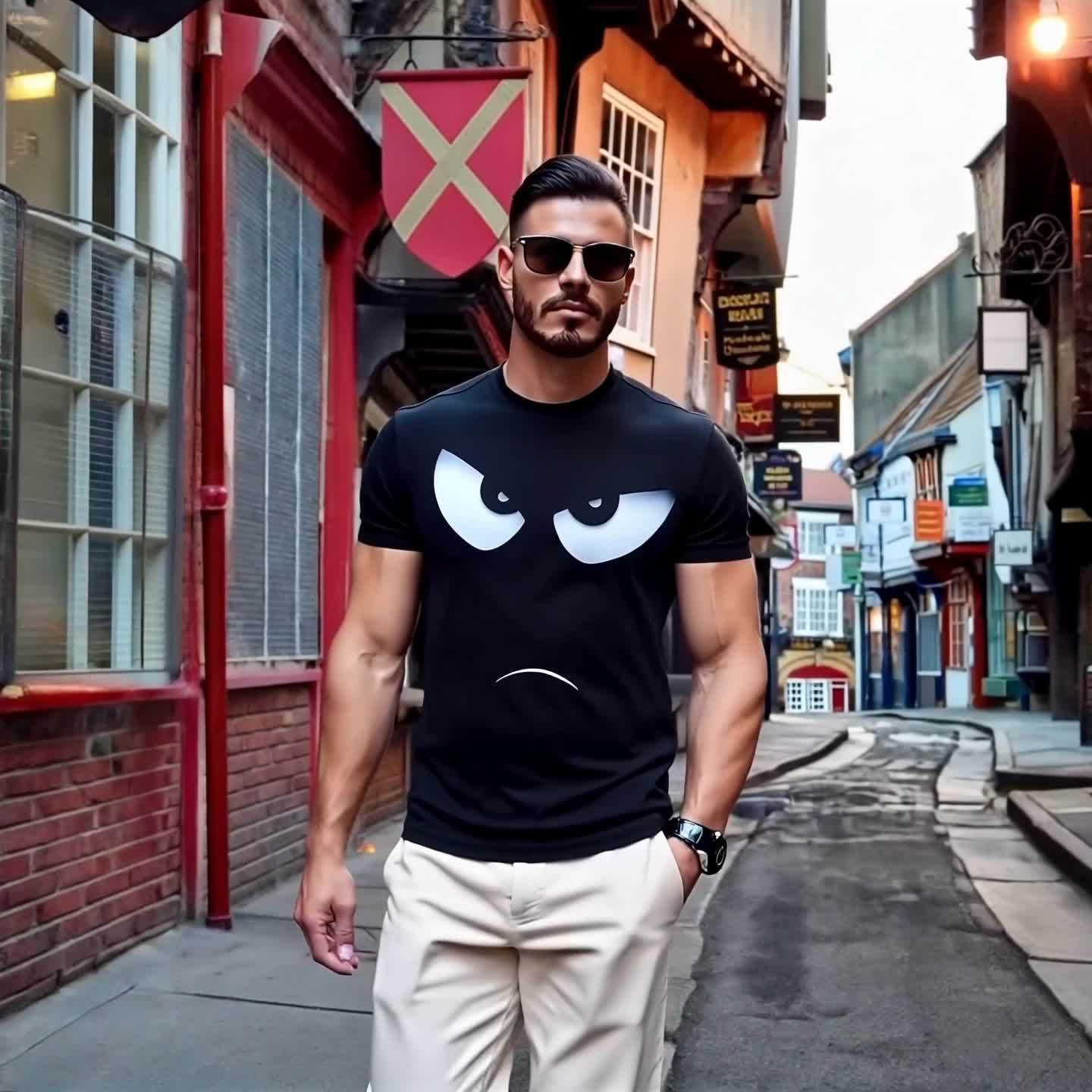 Herre T-shirt med intenst blik mønster, afslappet stil, ideel til hverdag