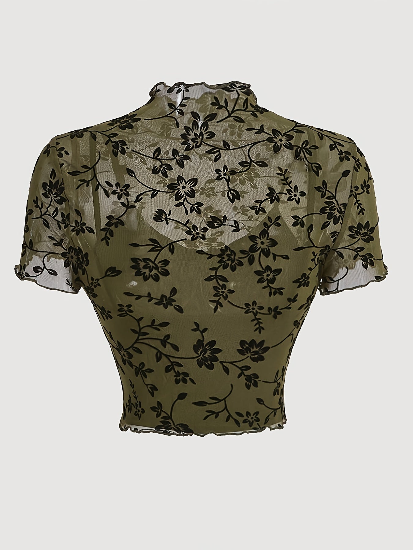 Elegant dame top med blomsterprint, transparent og med høj hals