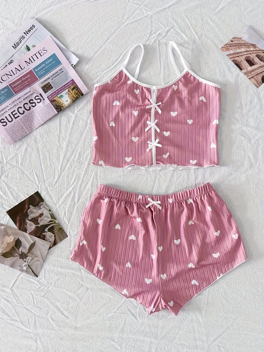 Women's summer two-piece cute heart style pajamas, tank top and shorts set, comfortable for the night