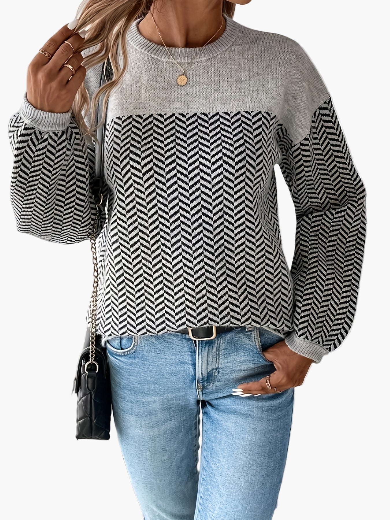 Pull femme décontracté à motif chevrons manches longues coupe régulière pour automne hiver