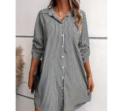 Kate – Robe Chemise Décontractée à Rayures avec Poches