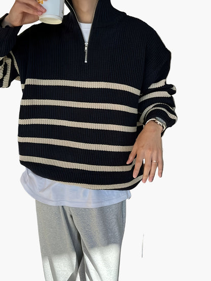 Pull décontracté zippé à rayures pour homme style automne-hiver