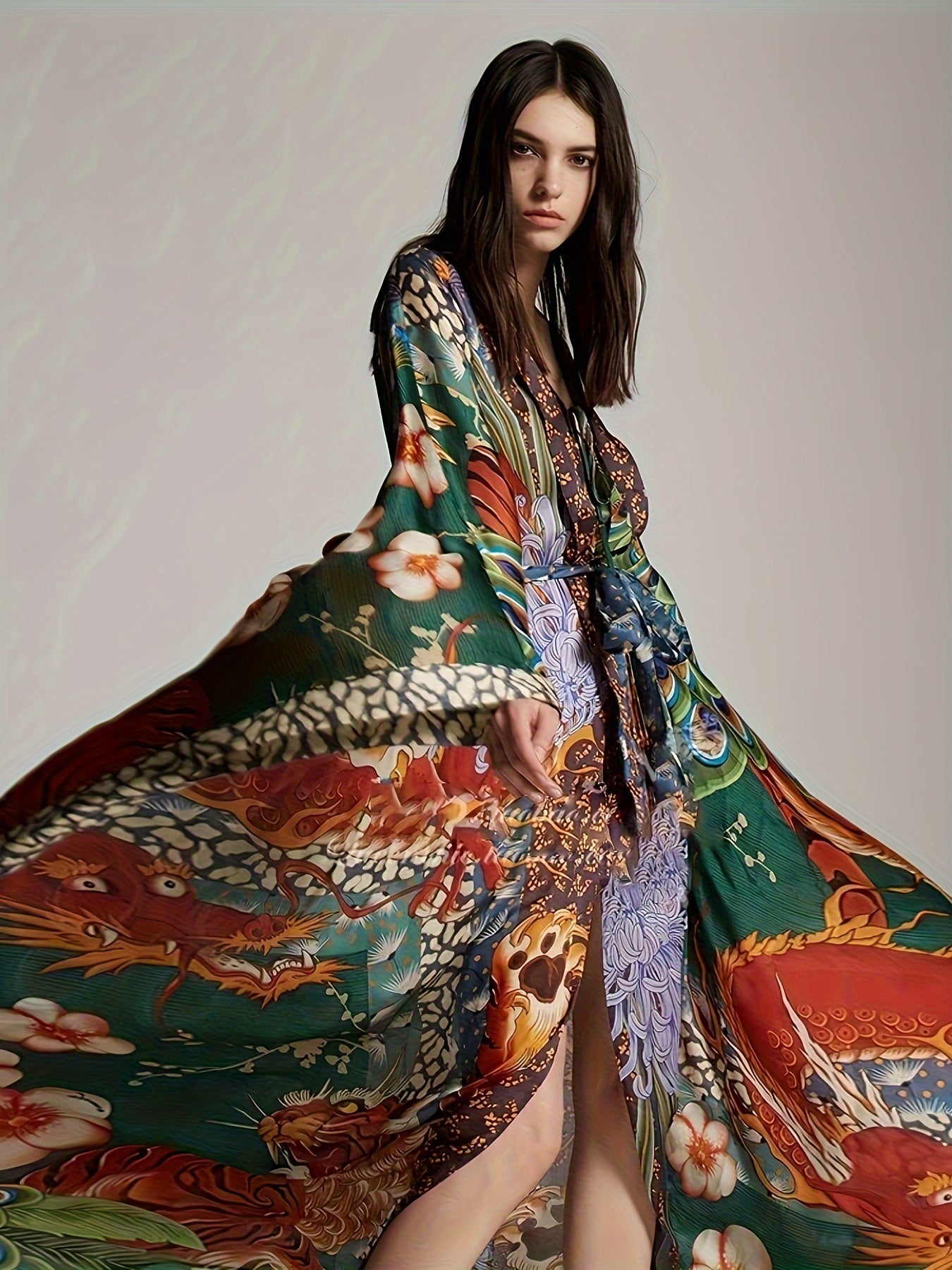 Kimono Kaftan lungo da donna stile orientale con stampa artistica per serate o vacanze