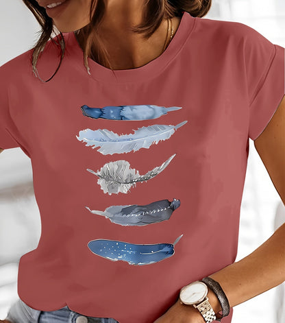 Dames T-shirt Casual Stijl met Artistiek Veerpatroon – Ideaal voor Lente en Zomer