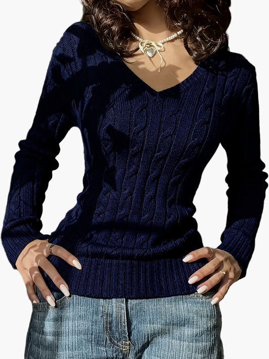 Pull Femme Style Casual à Col V et Motif Câble - Élégance Quotidienne