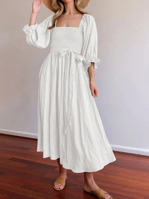 Robe Elégante avec Ceinture à la Taille et Manches Volantes-Lanternes