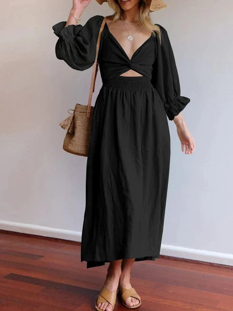 Robe Elégante avec Ceinture à la Taille et Manches Volantes-Lanternes