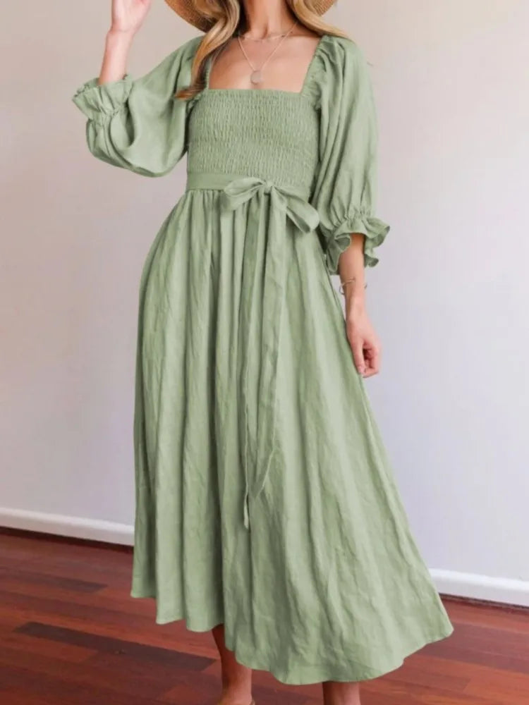 Robe Elégante avec Ceinture à la Taille et Manches Volantes-Lanternes