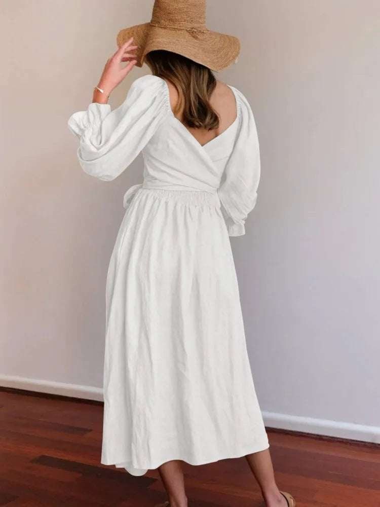 Robe Elégante avec Ceinture à la Taille et Manches Volantes-Lanternes