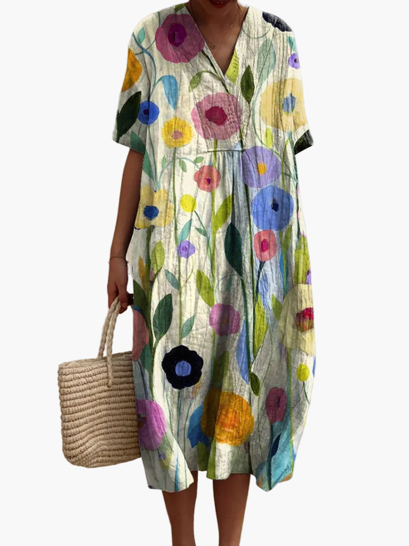 Abito estivo ampio con motivo floreale per donna, stile informale ed elegante