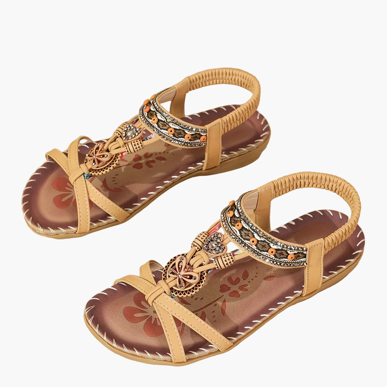 Women's Bohemian Slip-On Sandals with Ornaments and Ankle Strap - Casual Chic Style