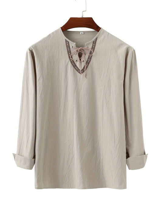 Vintage Lace-Up Collar Shirt for Men - Casual and Elegant Style