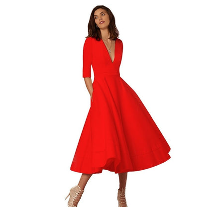 Robe Femme Élégante Midi Style Vintage à Manches Mi-longues pour Mariage ou Soirée