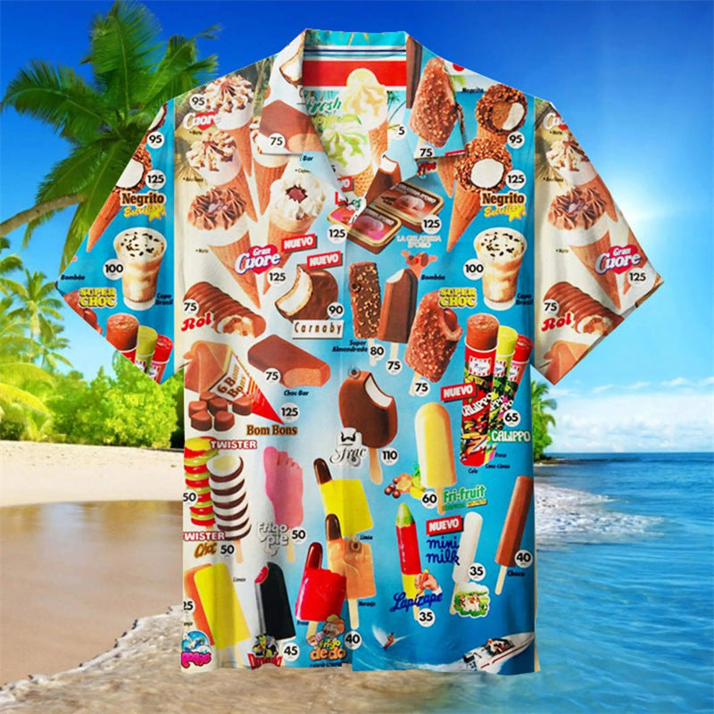 Chemise hawaïenne homme imprimé rétro glaces – style estival original pour loisirs, plage et fêtes