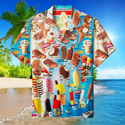 Chemise hawaïenne homme imprimé rétro glaces – style estival original pour loisirs, plage et fêtes