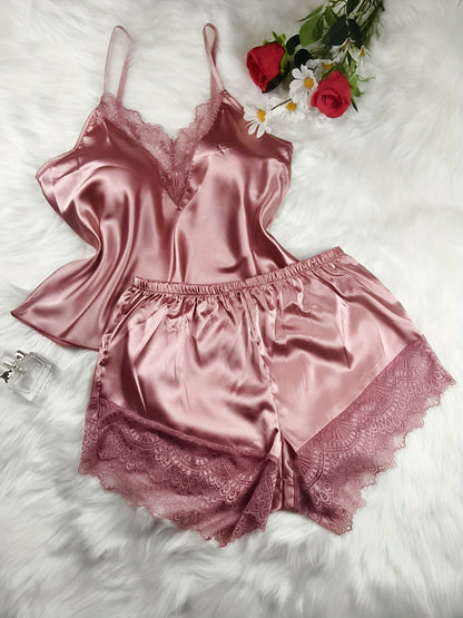 Pigiama corto donna stile sexy per la casa - completo canotta e pantaloncini con dettagli in pizzo, ideale primavera-estate