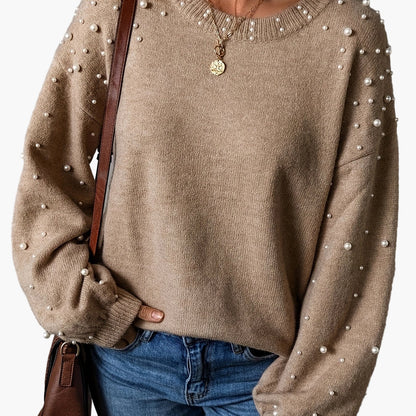 Pull femme élégant à perles style décontracté manches longues