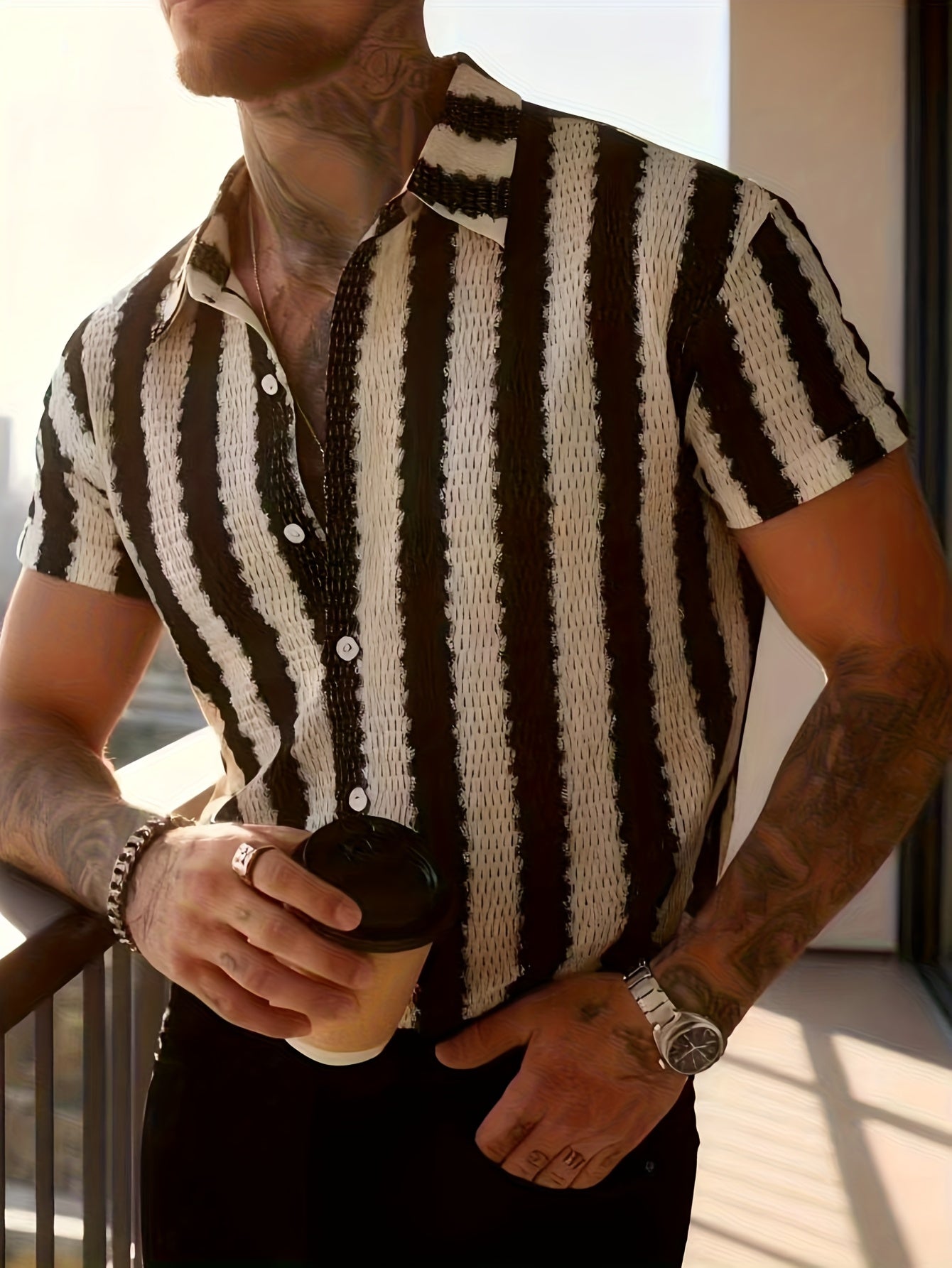 Chemise Resort Homme à Manches Courtes Style Moderne – Rayures Verticales, Look Urbain Décontracté