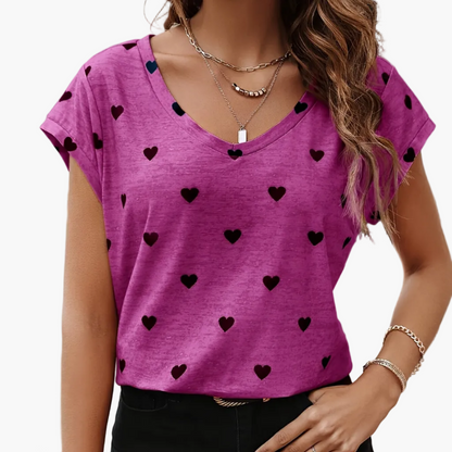 Elegant women's T-shirt with heart print, V-neck, summer chic style