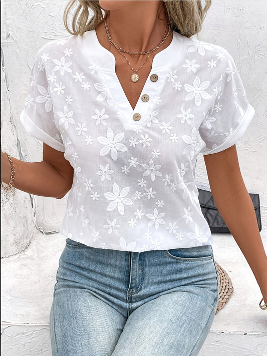 Blusa Donna Elegante con Ricamo Floreale e Bottoni, Stile Estivo Casual