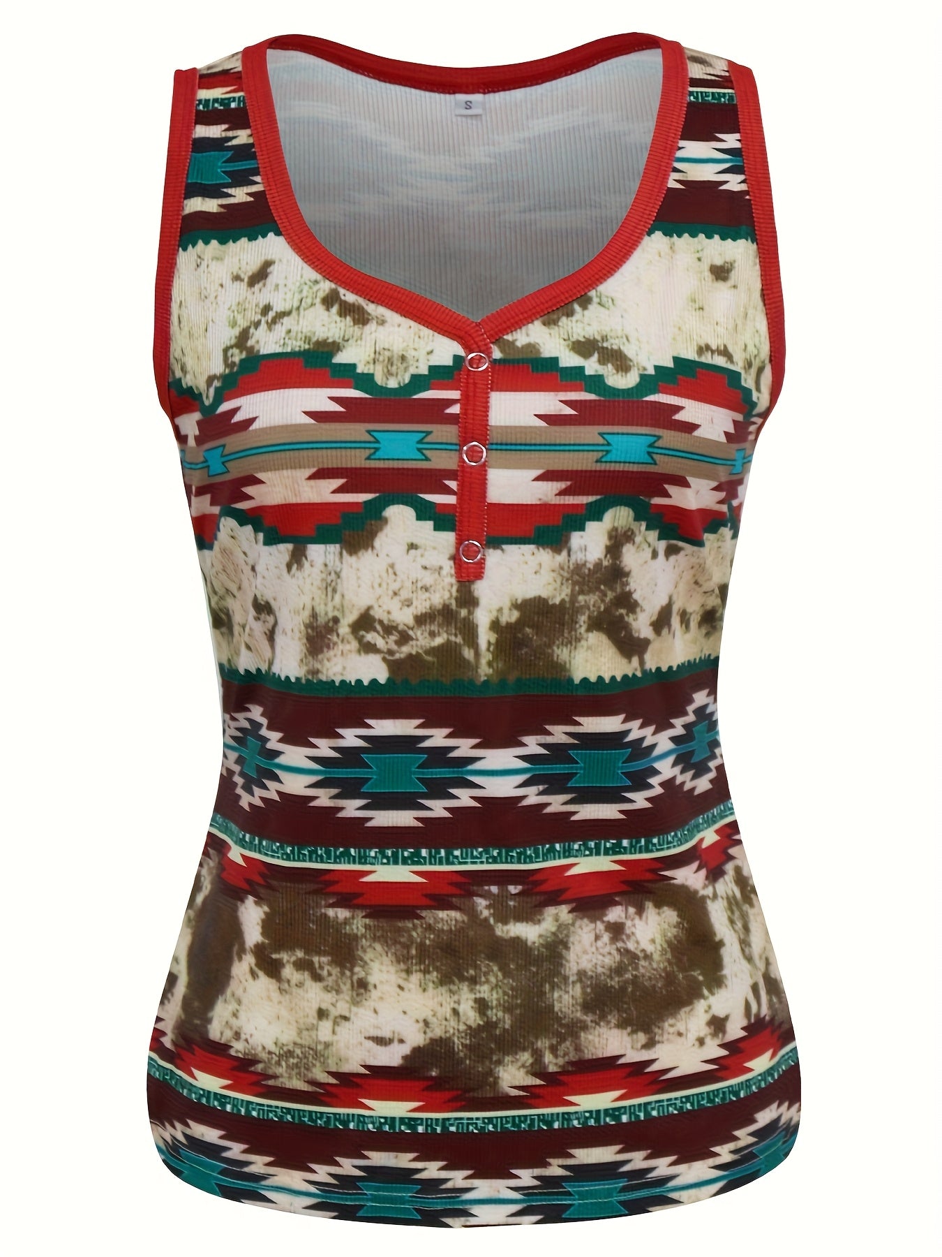 Camiseta sin mangas para mujer estilo bohemio con estampado geométrico, cuello en V, botones decorativos, moda casual de verano