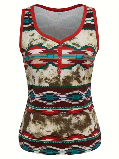 Camiseta sin mangas para mujer estilo bohemio con estampado geométrico, cuello en V, botones decorativos, moda casual de verano